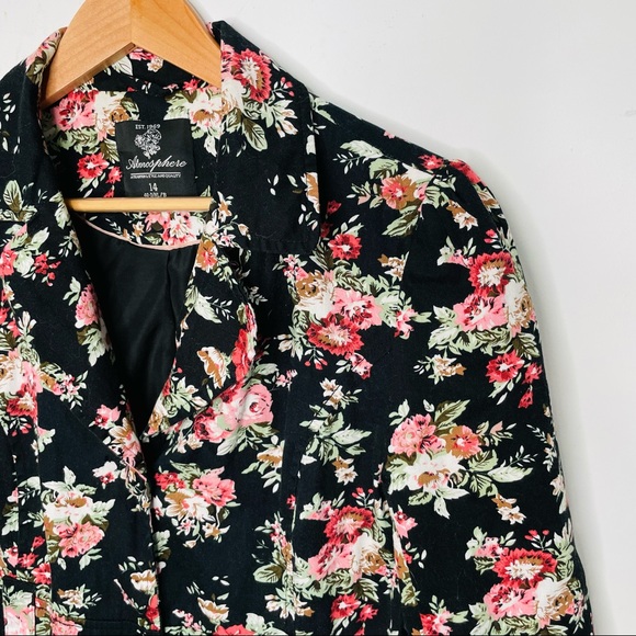 VINTAGE Floral Pink Retro Print Black Collared Blazer Duster Coat Jacket - Picture 4 of 7